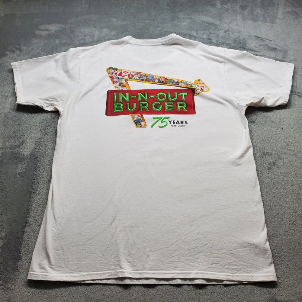 In-n-Out Burger White Graphic Tshirt 75 Years Graphic Hit on Back Men Sz XL